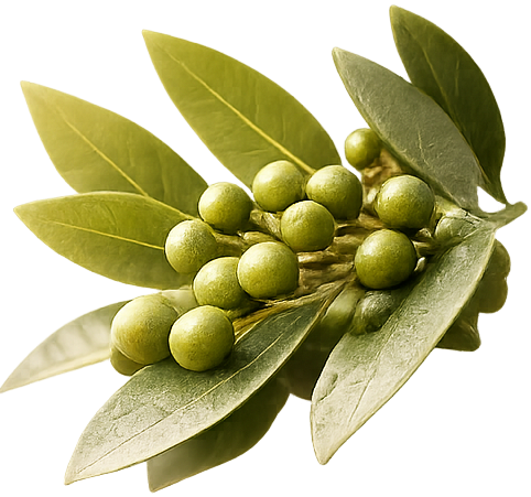 The leaves and fruit of a litsea cubeba plant.