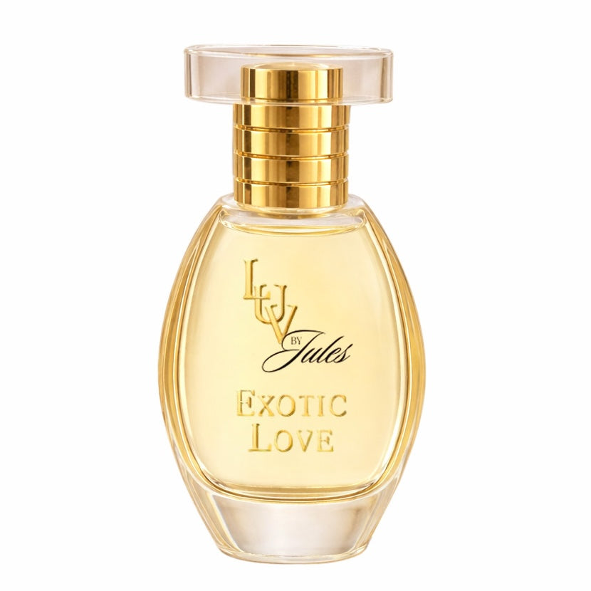 LUV by Jules Exotic Love in a gold perfume bottle on a white background.