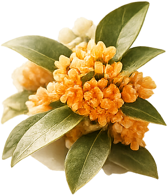 Bunches of small orange flowers and leaves of the osmanthus plant.
