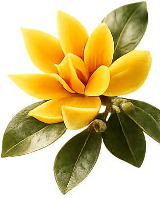 The yellow flower and green leaves of a red champaca plant.