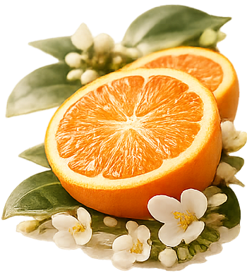Two halves of a red mandarin orange sitting on leaves and flowers.