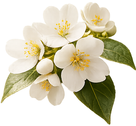 The white petaled flowers and green leaves of jasmine.