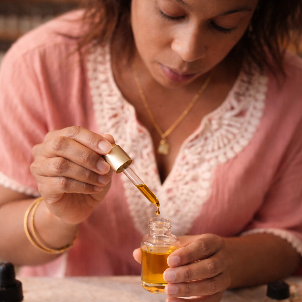 Woman pouring liquid from a dropper into a small bottle.