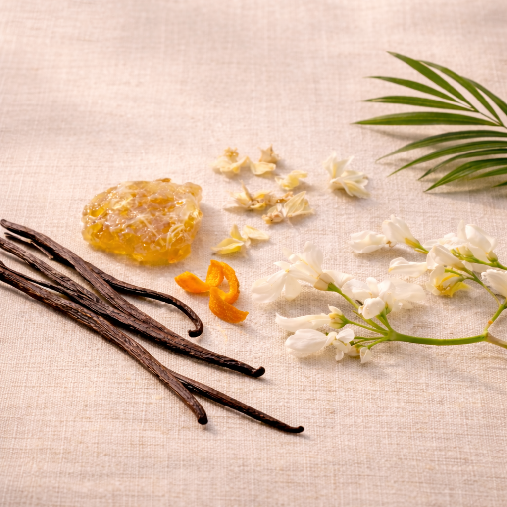 Vanilla beans, honeycomb, citrus peel, and flowers on a textured surface